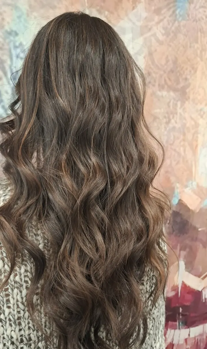Capelli lunghissimi castani mossi, davanti alla parete col volto di donna