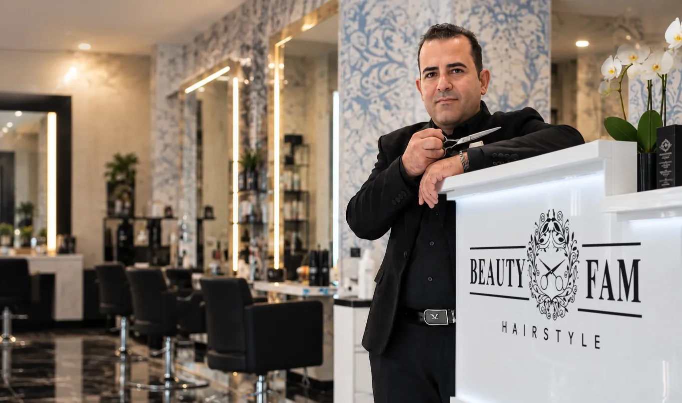 Parrucchiere con le forbici in mano, appoggiato al bancone con il logo Beauty Fam Hairstyle